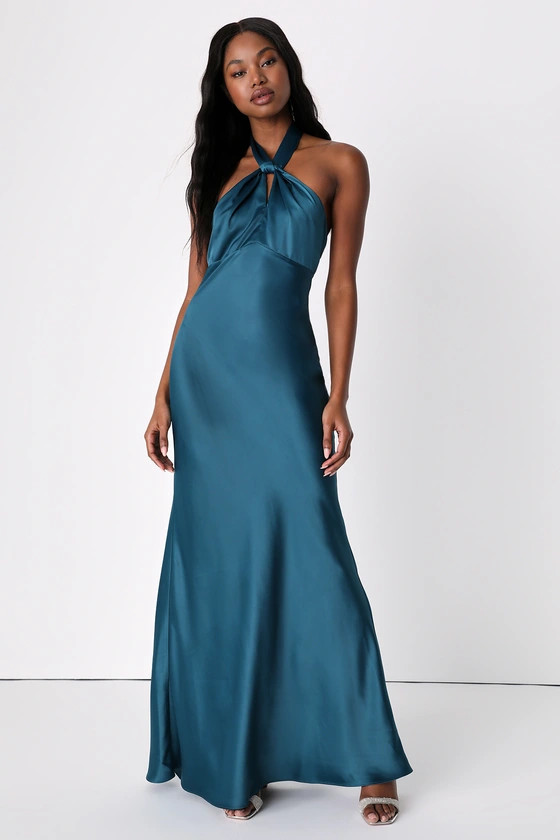 Regal Arrival Dark Teal Blue Satin Halter Mermaid Maxi Dress | Lulus