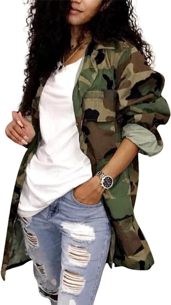 Sexy Camouflage Jacket for Women Army Fatigue Long Cargo Jackets Trench Coat Plus Size | Amazon (US)