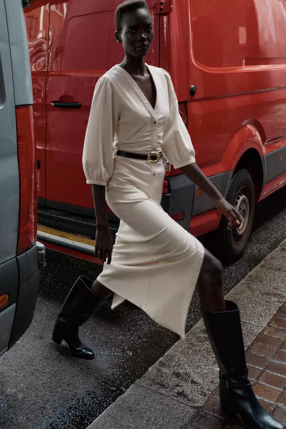 BELTED BALLOON SLEEVE MIDI DRESS | Zara US