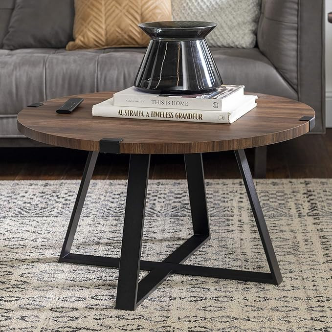 Walker Edison Anastasia Modern Metal Wrap X Base Coffee Table, 30 Inch, Dark Walnut and Black | Amazon (US)
