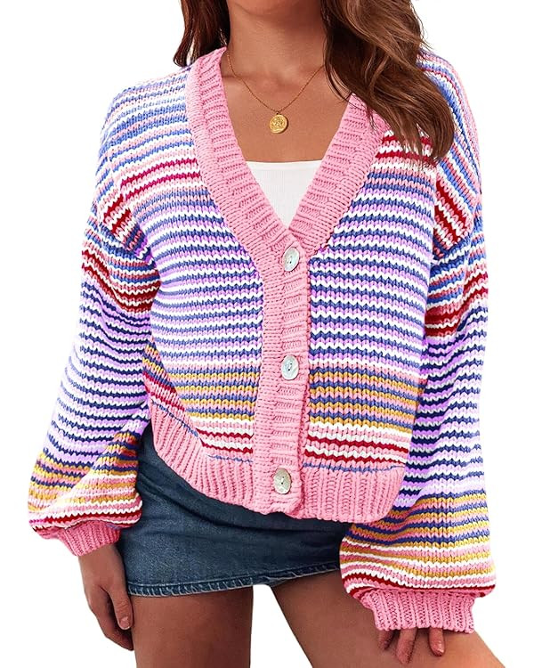 Saodimallsu Womens Striped Cardigan Sweaters Oversized Puff Sleeve Button Up V Neck Color Block K... | Amazon (US)