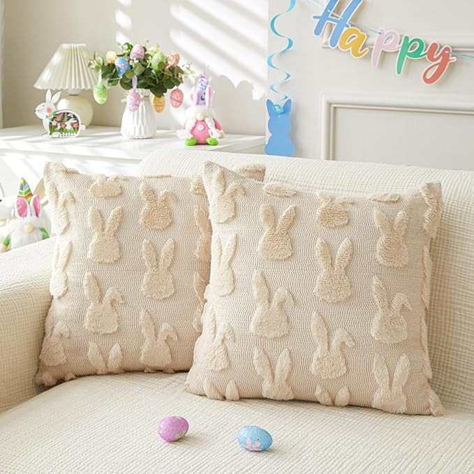 Easter Throw Pillow Covers 18x18 inch Set of 2 for Easter Decorations Beige Bunny Rabbit Soft Plu... | Amazon (US)