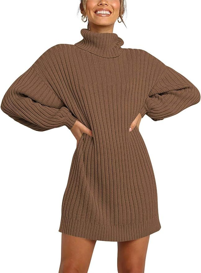 Prinbara Women Turtleneck Long Lantern Sleeve Casual Loose Oversized Sweater Dress Soft Winter Pu... | Amazon (US)