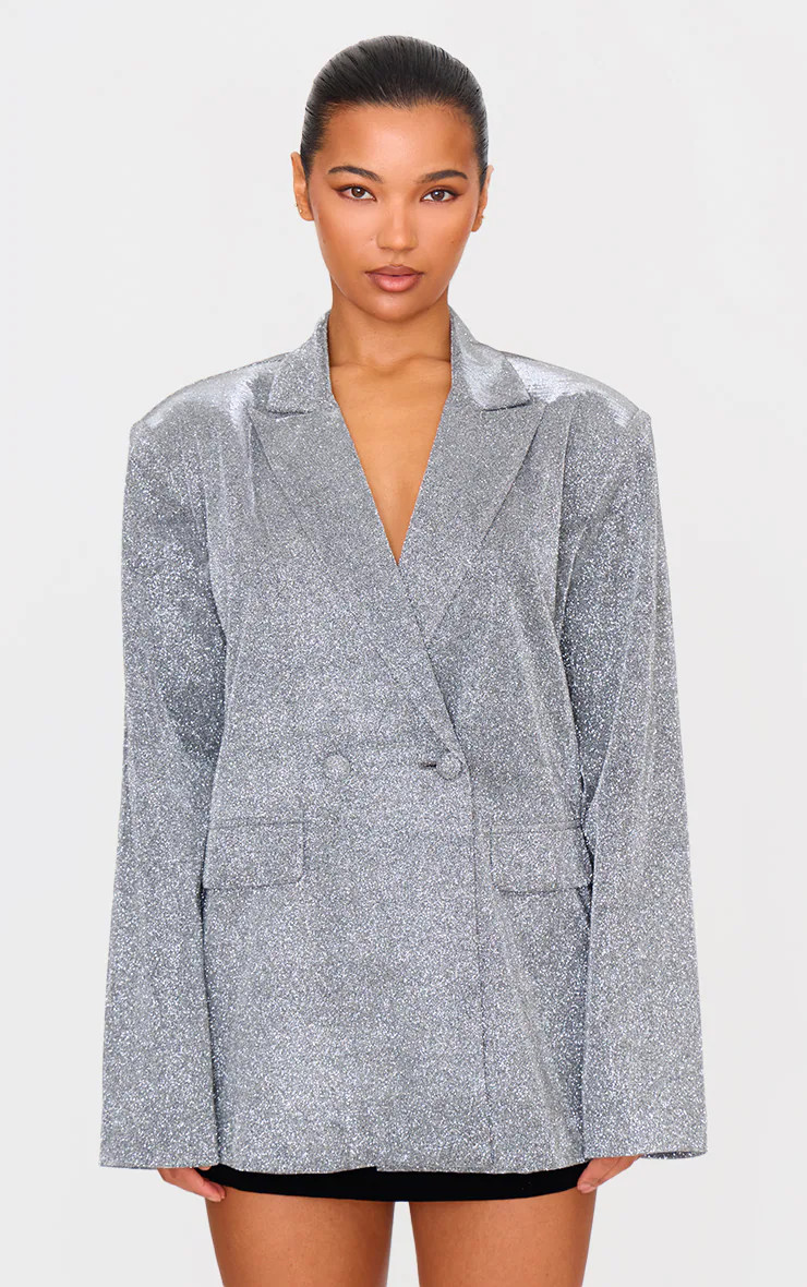 Silver Glitter Oversized Curved Hem Boxy Blazer | PrettyLittleThing UK