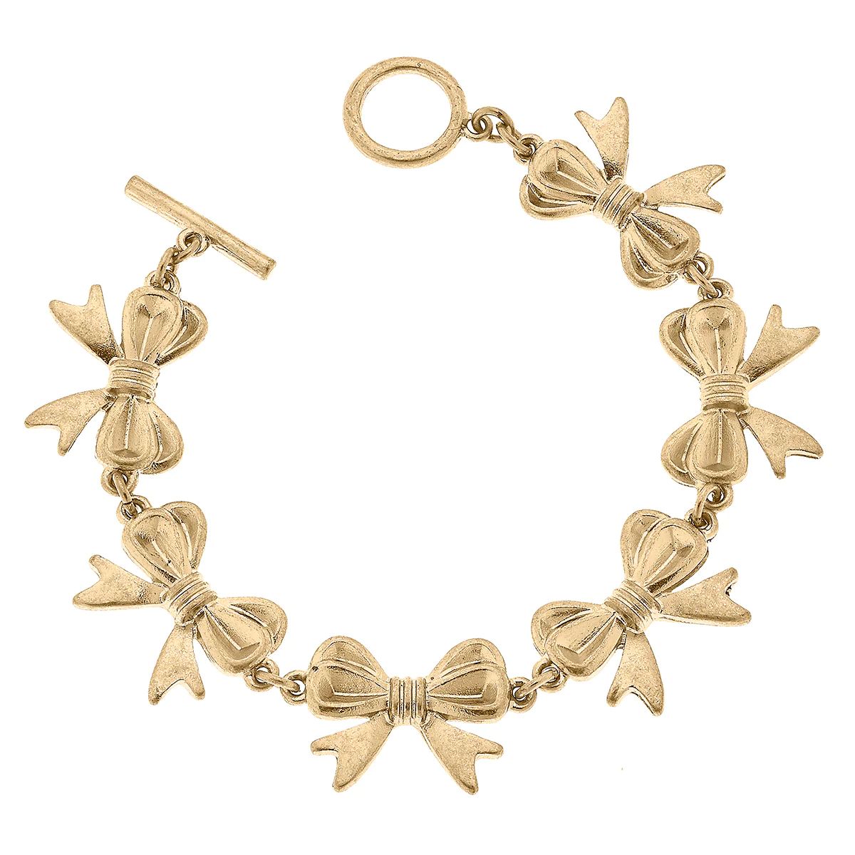 CANVAS Style x @ChappleChandler Betsy Bow Linked T-Bar Bracelet in Worn Gold | CANVAS