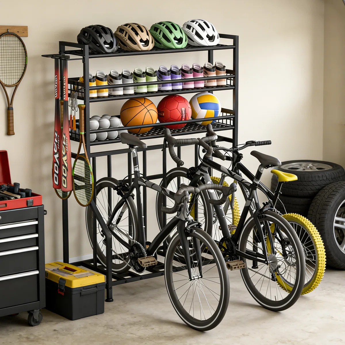 Black Freestanding Bike Rack & Garage Storage Organizer, 4 Bike Capacity with Mesh Basket & Hooks... | Wayfair North America
