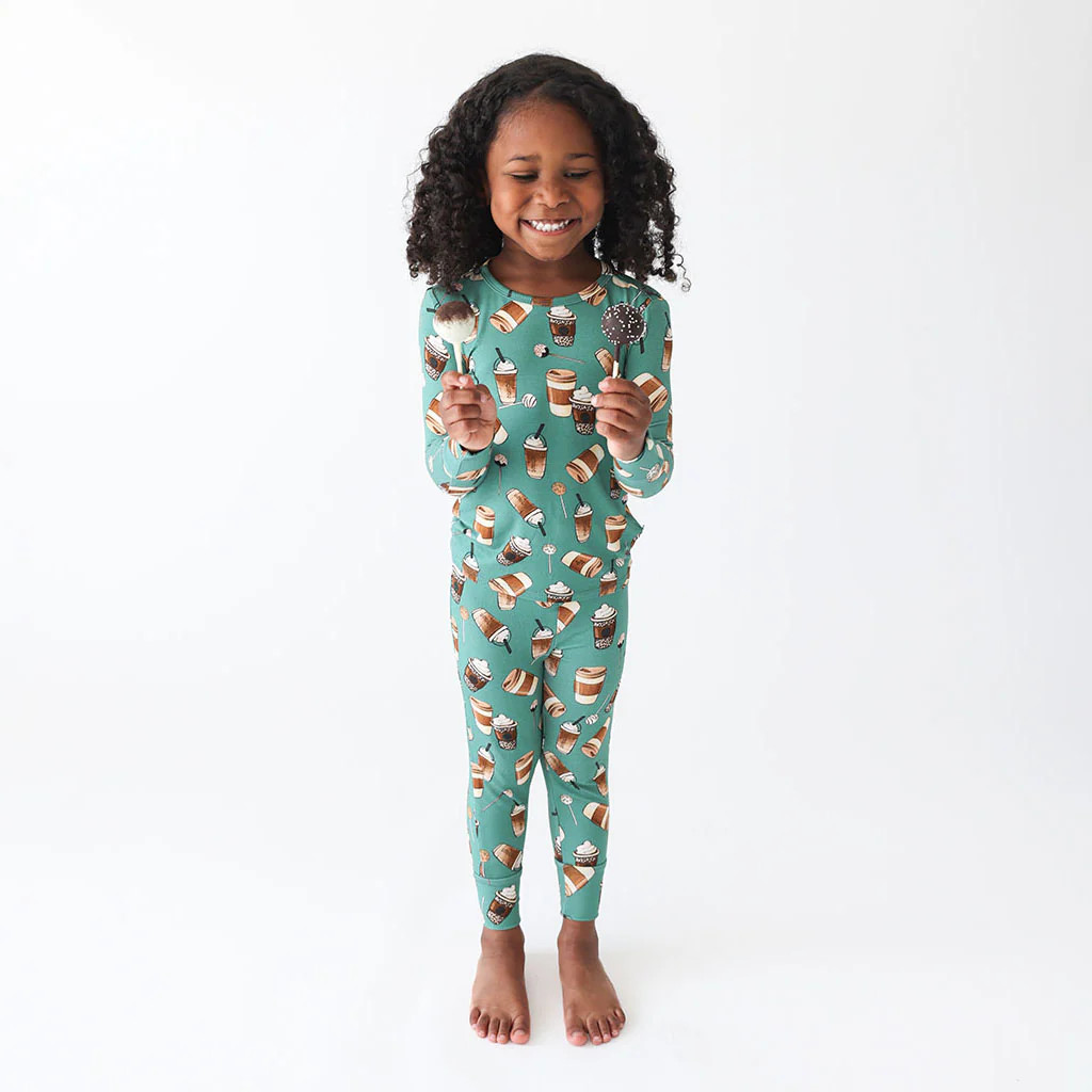 Coffee Green Long Sleeve Toddler Pajamas | Morning Brew | Posh Peanut
