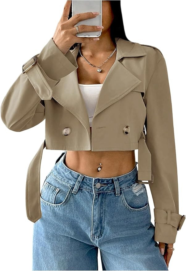 GORGLITTER Women's Cropped Short Trench Coat Jacket Fall Trendy Long Sleeve Double Breasted Casua... | Amazon (US)