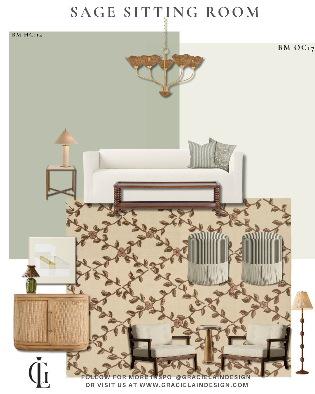 An updated take on the classic parlor, this sitting room blends modern ease with timeless character. A slipcovered sofa, botanical wool rug, wood framed chairs, and playful fringe stools create a layered mix of traditional and contemporary elements, while brass and rattan accents add warmth and collected charm.
Grounded in earthy textures and soft, organic tones, every detail was chosen to feel relaxed yet refined. The richly textured cabinet, airy abstract artwork, and thoughtfully curated accessories bring depth, movement, and a sense of calm to the space. The result is a sophisticated sitting room that feels elevated, welcoming, and effortlessly livable—with just the right touch of whimsy.
For more interiors that balance beauty, comfort, and timeless design, visit gracielaindesign.com.
#LTKHome #InteriorDesign #LivingRoomDesign #SittingRoomStyle #ModernTraditional #EarthyInteriors #OrganicModern #CollectedHome #ContemporaryParlor #LayeredInteriors #NeutralHome #TexturedInteriors #HomeDecorInspo #DesignDetails #CozyLuxury #TimelessInteriors #GracielainDesign 

 #LTKHome #LTKSaleAlert