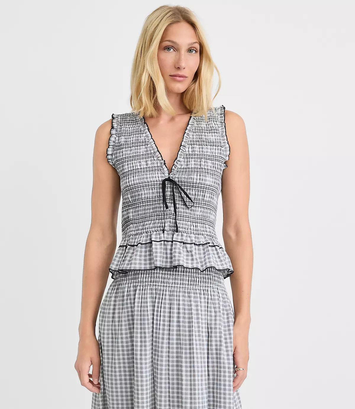 Plaid Smocked Ruffle Peplum Top | LOFT