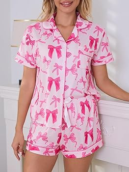 Cute Pj Bow Pajamas Sets for Women 2 Piece Button Up Short Sleeve Nightwear Lounge Sleepwear | Amazon (US)