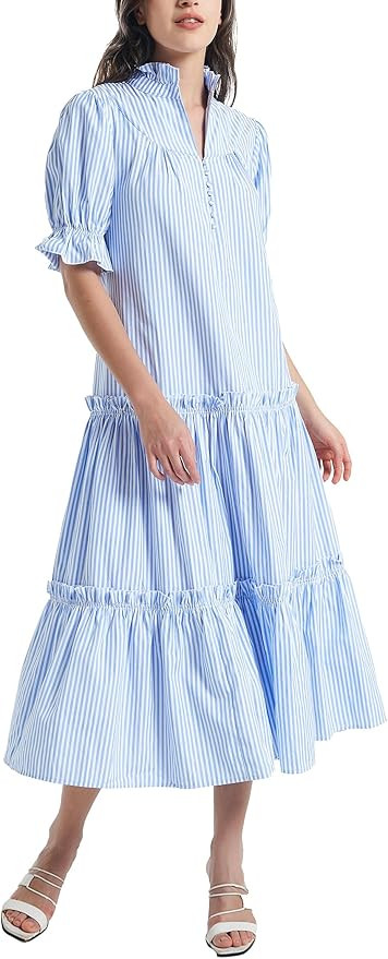 D-Sun Women Casual Button Down Maxi Dress Short Puff Sleeves Stand Collar Tiered Elegant Flowy Sw... | Amazon (US)