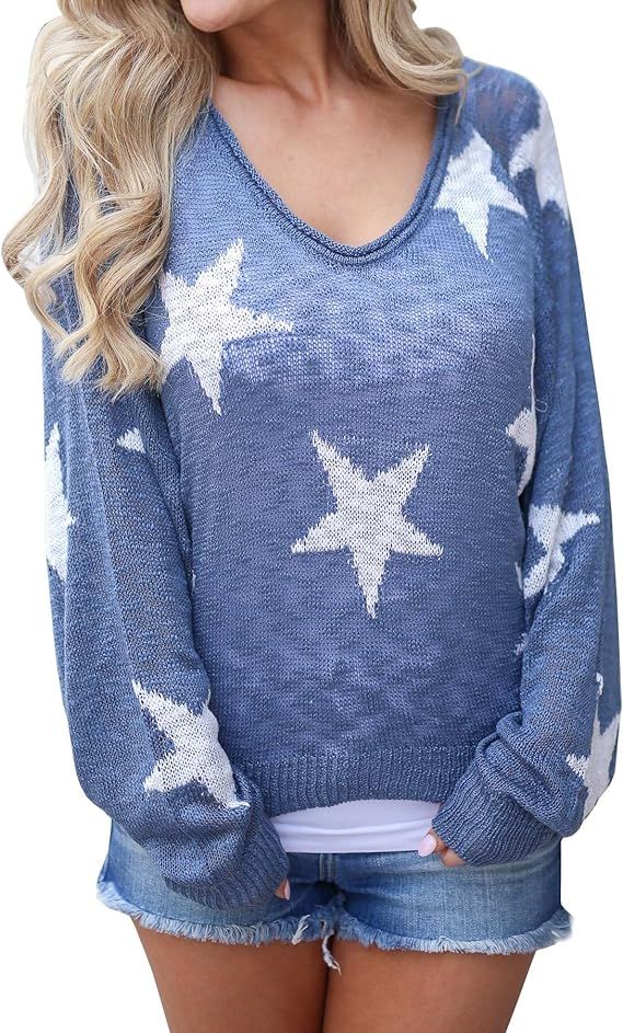 Womens Boat V Neck Sweater Star Knitted Long Sleeve Pullover Loose Lightweight Tops | Amazon (US)