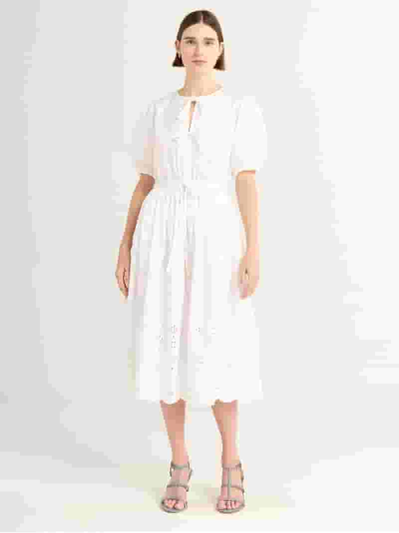 Free Assembly Women's Plus Tie Front Cotton Eyelet Midi Dress with Short Puff Sleeves, Sizes 1X-4... | Walmart (US)