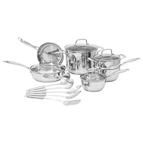 Amazon Basics Stainless Steel Cookware 15-Piece Set, Oven Safe, Pots and Pans, Induction-Ready, Even Heating, Easy to Clean, Heavy Duty, Silver | Amazon (US)
