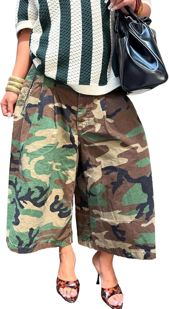 Women's Camo Cargo Jeans Baggy Wide Leg High Waist Capris Camouflage Trousers Army Fatigue Boyfri... | Amazon (US)