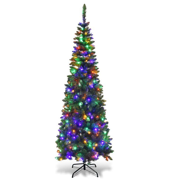 Giantex 6.5ft Pencil Christmas Tree Pre-Lit Hinged Artificial Decoration w/ 250 Colorful Lights | Walmart (US)