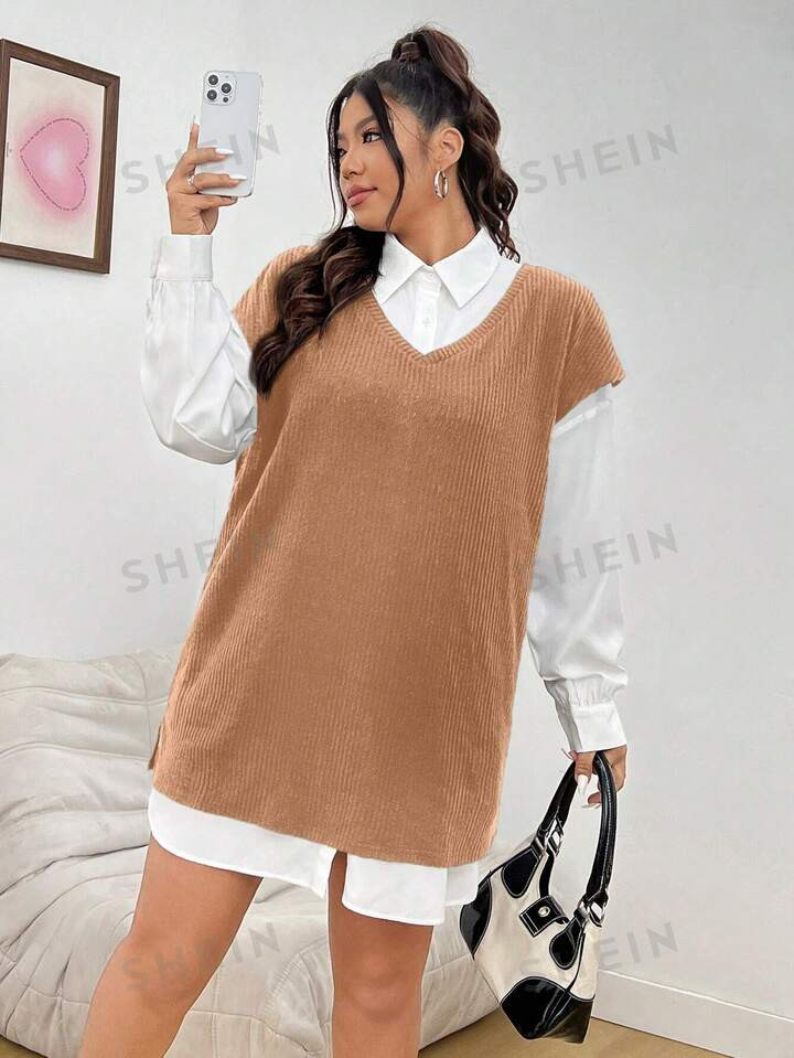 SHEIN EZwear Plus Size Contrast Color Casual Tank Top And Shirt 2pcs Set, Spring Autumn | SHEIN