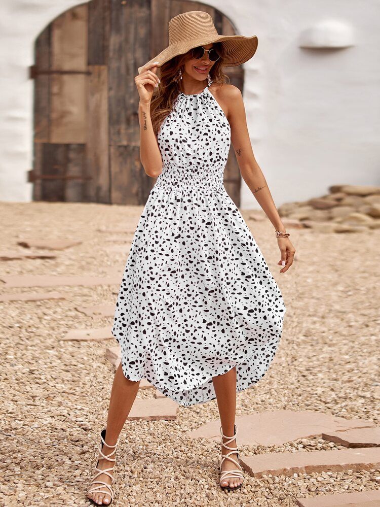 Dalmatian Shirred Curved Hem Halter Dress | SHEIN