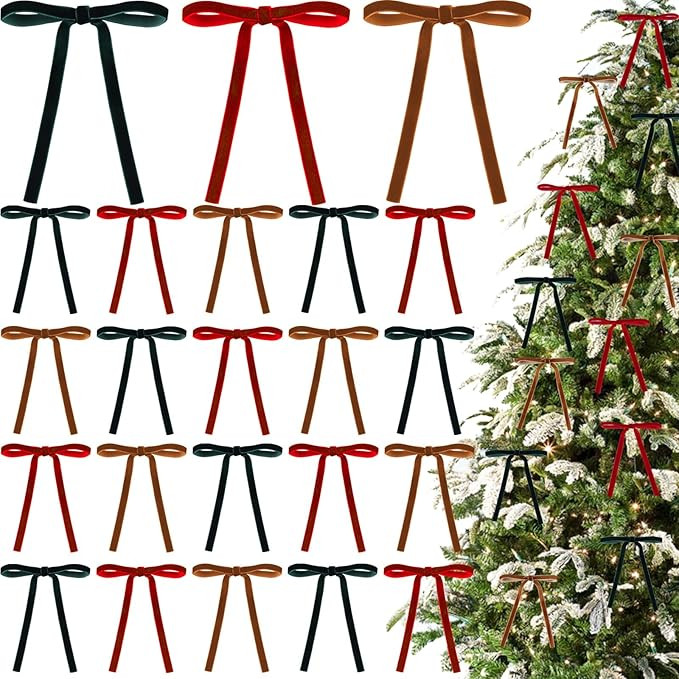 24 Pcs Christmas Velvet Wreath Bow Vintage Velvet Christmas Ornaments 4.7 x 7 Inch Velvet Ribbon ... | Amazon (US)