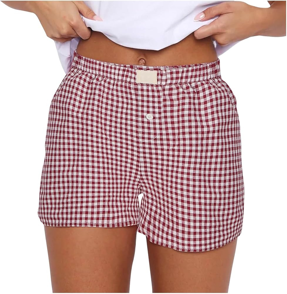 Women's 2024 Summer Y2k Cute Lounge Shorts Plaid Striped Pajama Bottoms Elastic Comfy Sleepwear P... | Amazon (US)