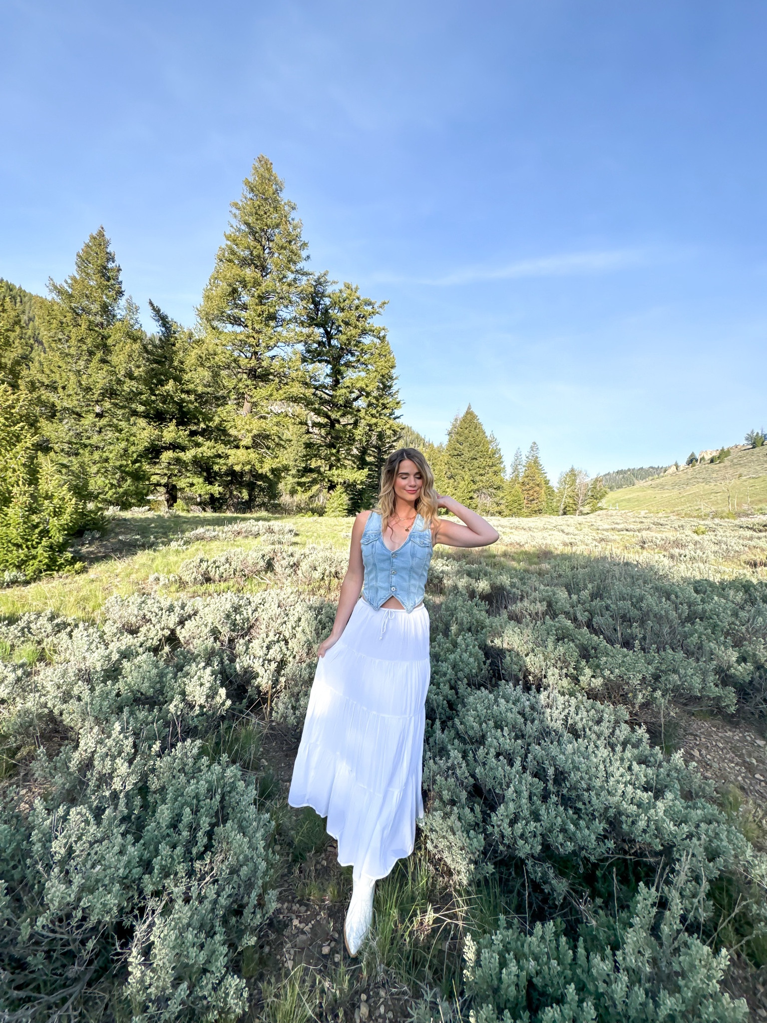 Wearing a small in both 
Denim vest, white maxi skirt, white skirt, coastal cowboy outfit 

#LTKSeasonal