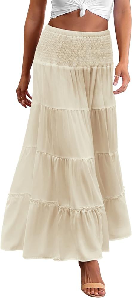 Zeagoo Women's Long Maxi Skirts Tiered Elastic High Waist Boho Double Layered Print A-Line Casual... | Amazon (US)