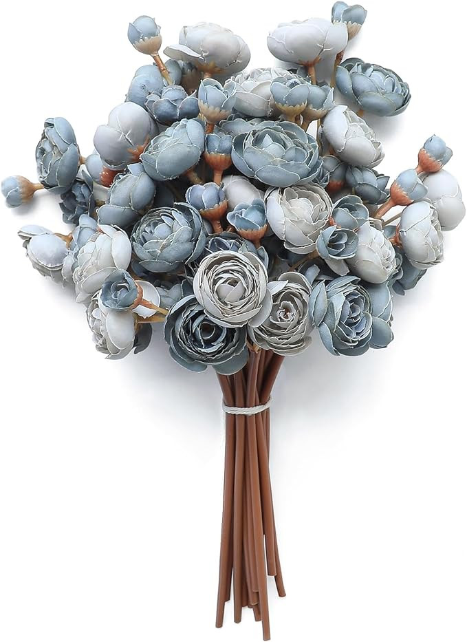 Floroom Ranunculus Artificial Flowers 18 Pcs Dusty Blue Faux Silk Mini Ranunculus Bulk Fake Weddi... | Amazon (US)