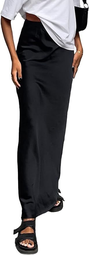 Vrtige Women's Elegant Satin Silky High Waist Zipper Flowy A Line Maxi Long Skirt | Amazon (US)