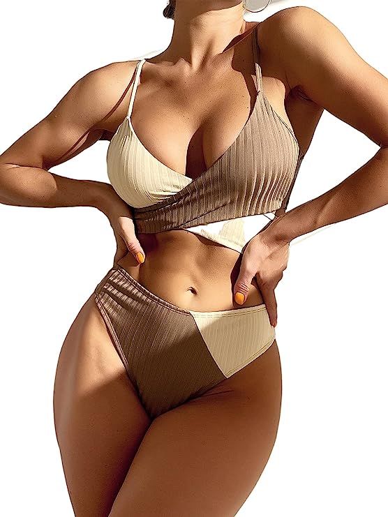 SheIn Women's Swimsuits Cross Wrap Tie Back Bikini Top Color Block Bathing Suits | Amazon (US)