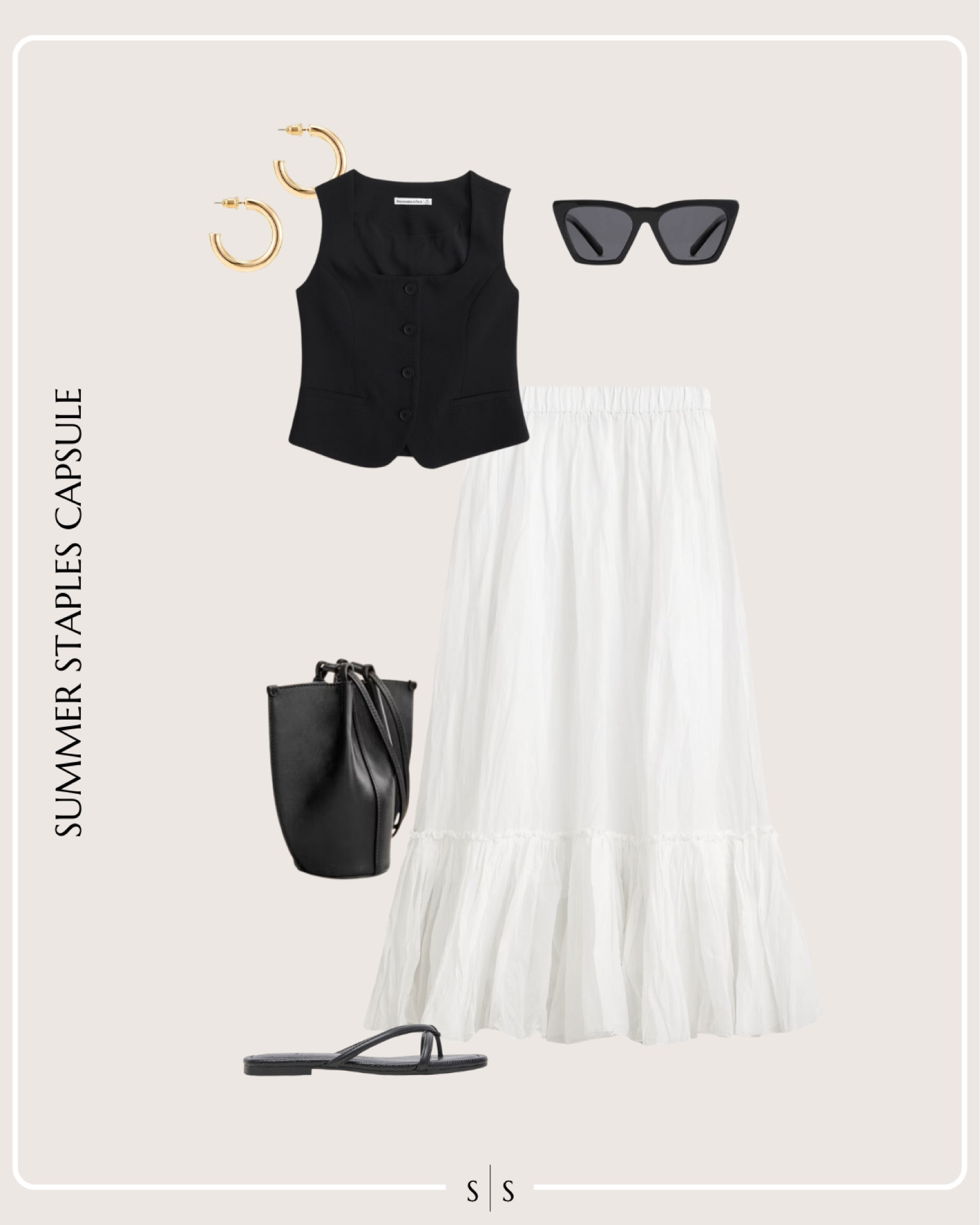 Summer Staples Capsule Wardrobe outfit idea | white midi skirt, black tailored vest, mini bucket bag, black slide sandals, sunglasses, gold hoops

See the entire Summer Staples Capsule Wardrobe on thesarahstories.com ✨ 


#LTKStyleTip