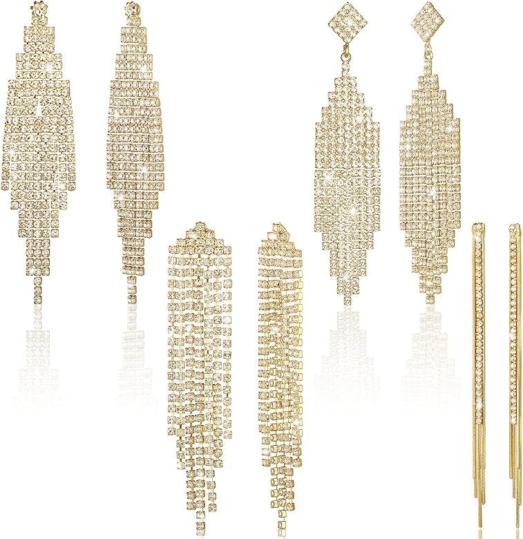Amazon.com: 4 Pairs Chandelier Dangle Drop Earrings for Women Rhinestone Earrings Crystal Fringe ... | Amazon (US)