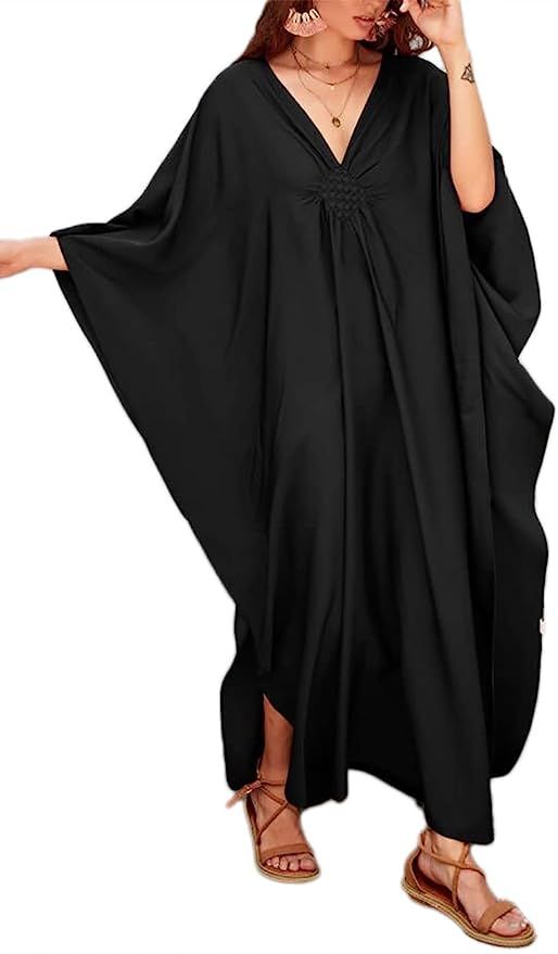 Bsubseach Women Solid Color Cover Up V Neck Batwing Sleeve Plus Size Beach Kaftan Dresses | Amazon (US)