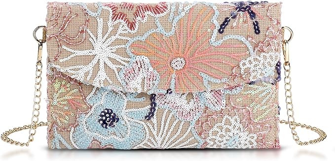Clutch Purses for Women, Envelope Package, Sequin Embroidered Flowers Straw Bag, Bohemian Handmad... | Amazon (US)