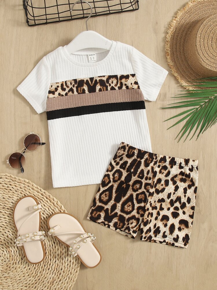 SHEIN Toddler Girls Leopard Color Block Tee & Shorts | SHEIN