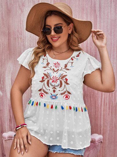 Plus Swiss Dot Cap Sleeve Floral Embroidery Fringe Detail Blouse | SHEIN