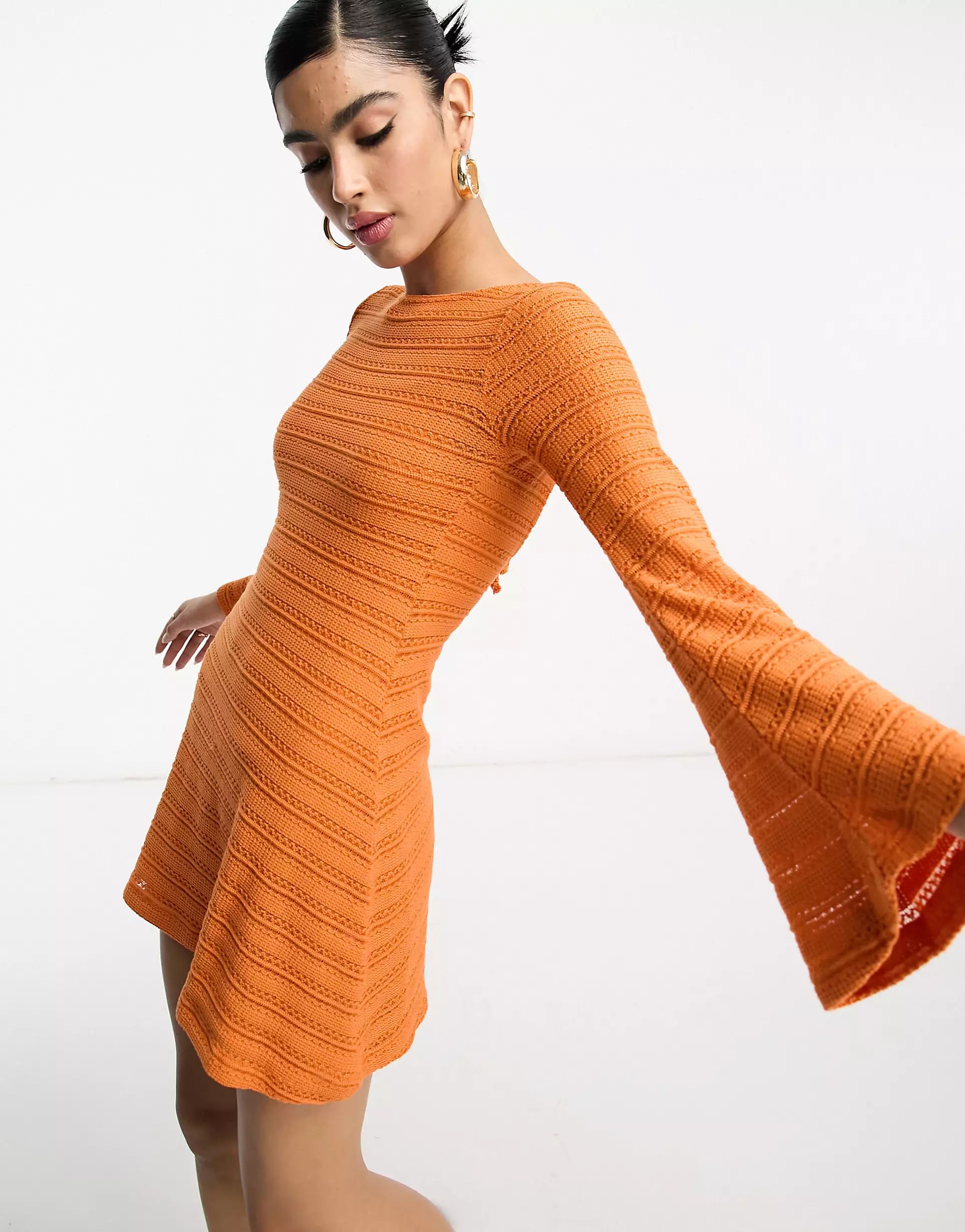 ASOS DESIGN long sleeve mini crochet dress with flare cuff in orange | ASOS (Global)