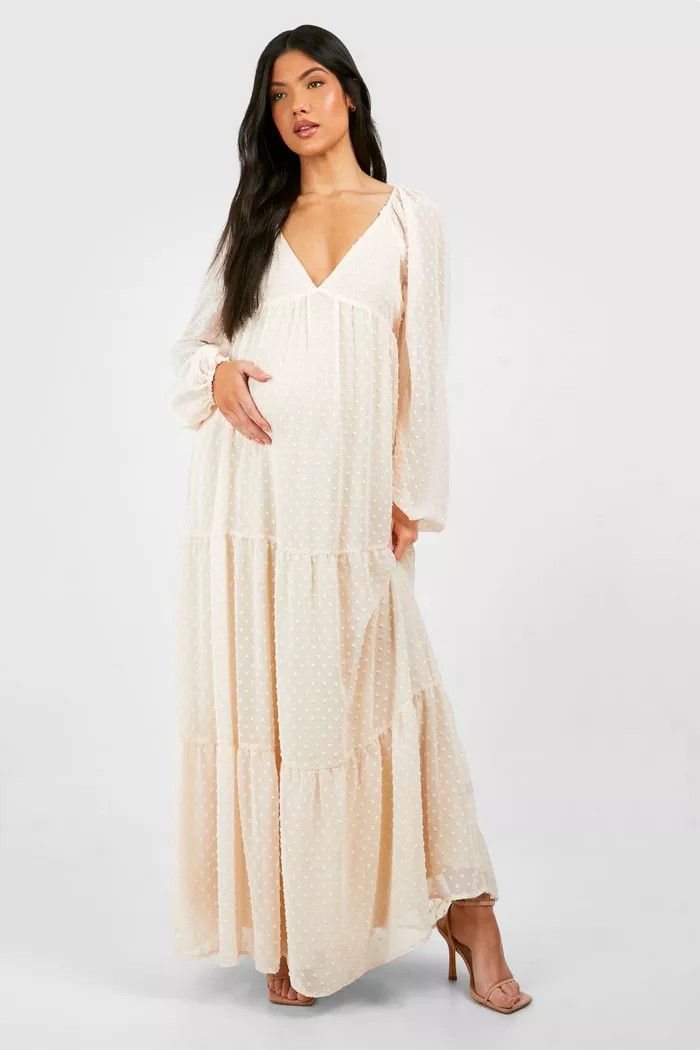 Maternity V Neck Tiered Dobby Maxi Dress | boohoo (US & Canada)