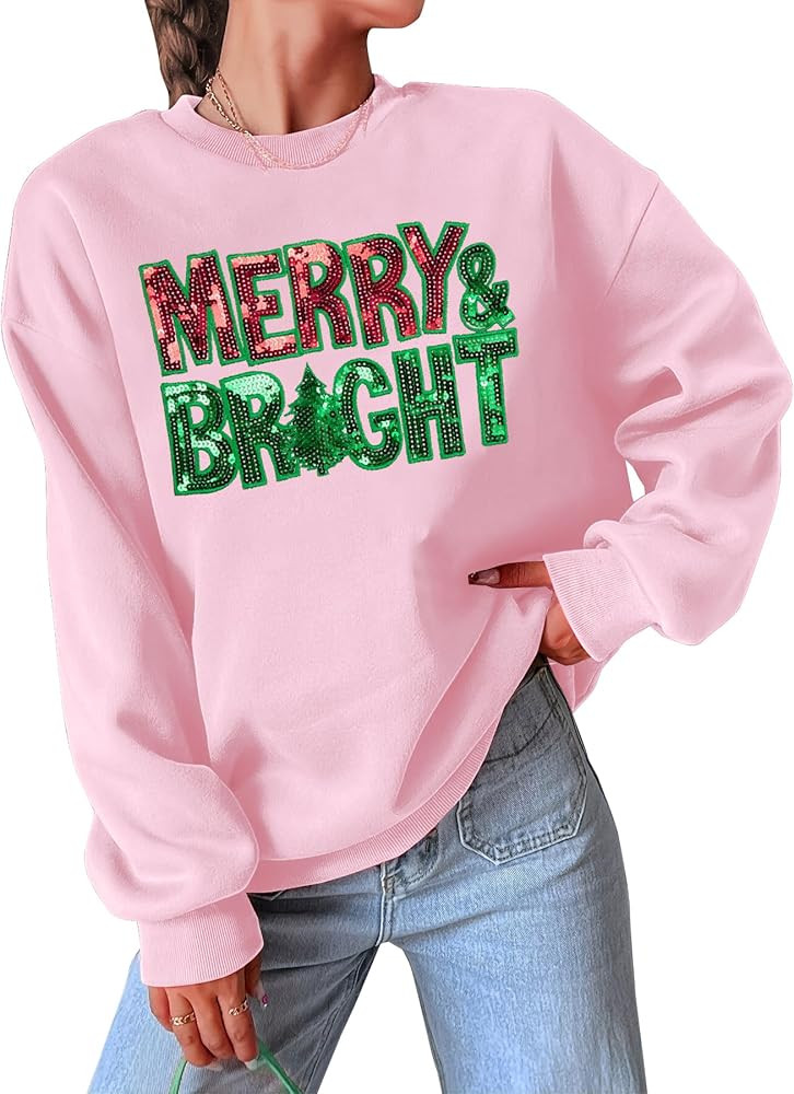 Christmas Sweatshirts for Women Merry and Bright Sweatshirt Sequin Merry Christmas Shirt Xmas Hol... | Amazon (US)
