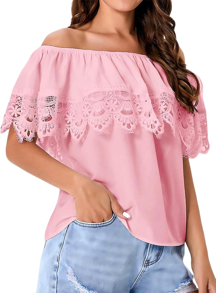 WDIRARA Women's Off The Shoulder Ruffle Trim Short Sleeve Lace Blouse Casual Tops | Amazon (US)