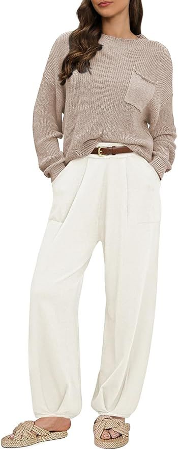 Fixmatti Women 2 Piece Sweater Set Mock Neck Long Sleeve Knit Top High Waist Pant Sweatsuit Loung... | Amazon (US)