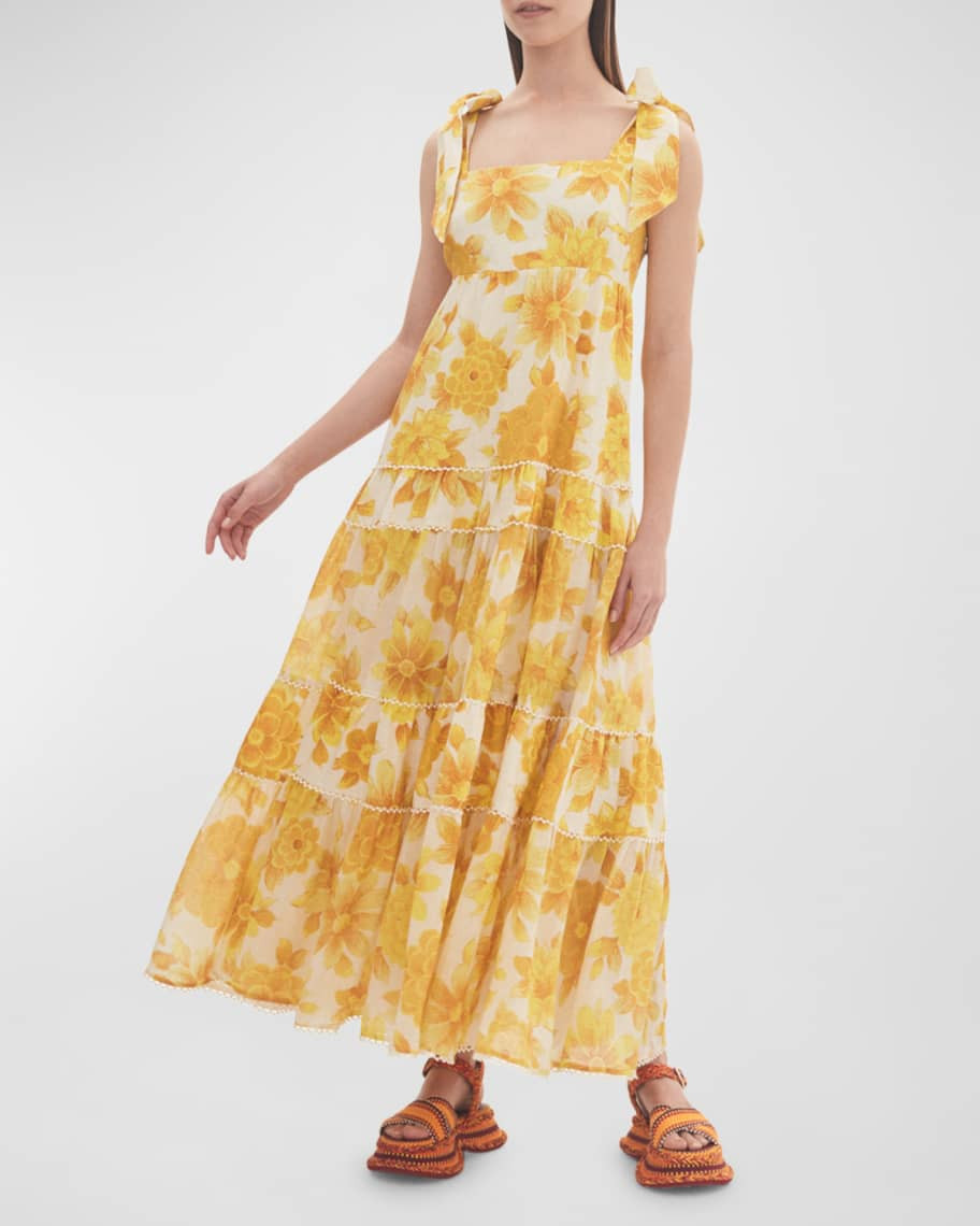 ALEMAIS Sonny Floral Tie-Shoulder Tiered Midi Sundress | Neiman Marcus