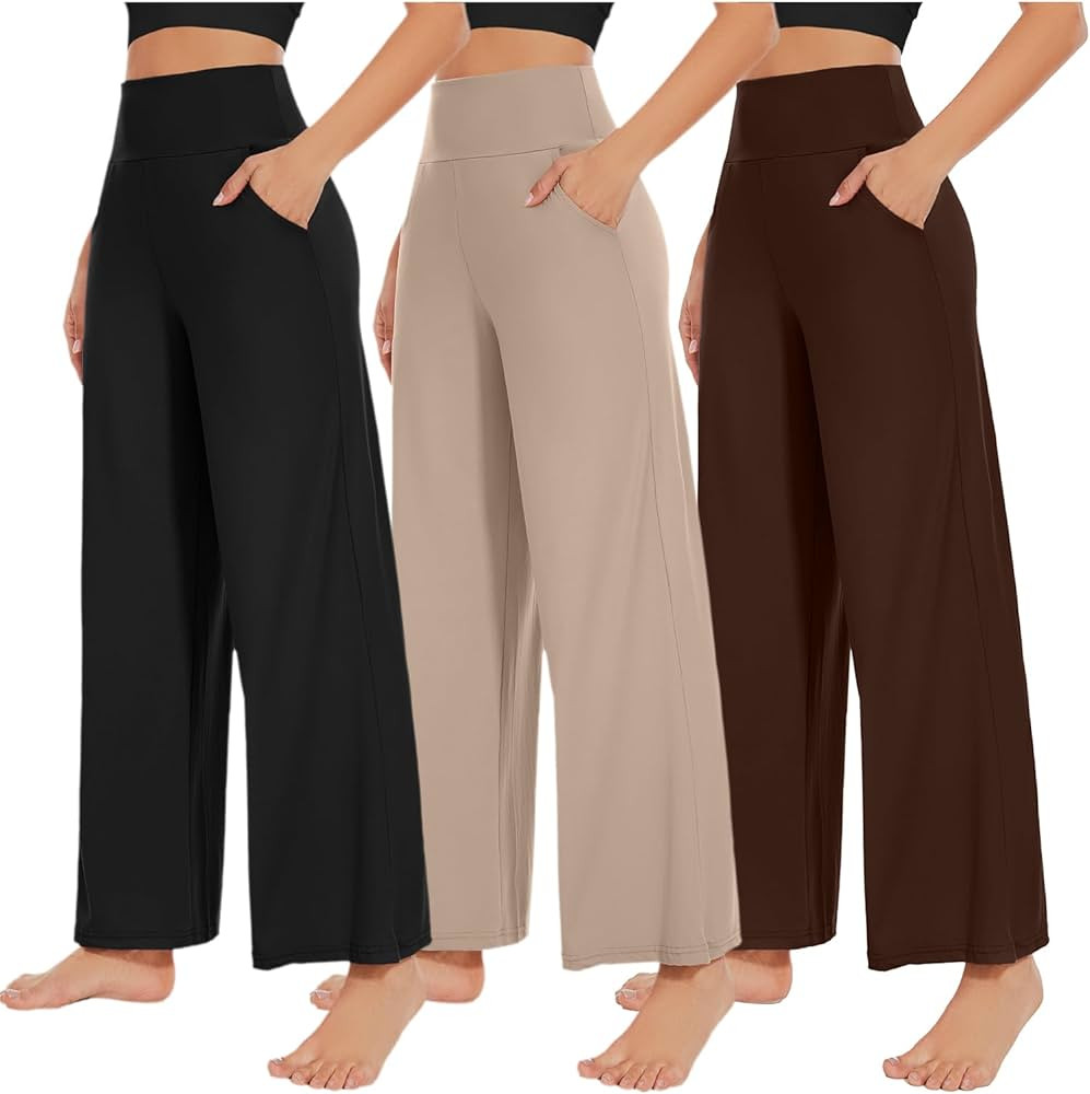NEW YOUNG 3 Pack Women's Wide Leg Pants with Pockets High Waist Loose Sweatpants Casual Lounge Yo... | Amazon (US)