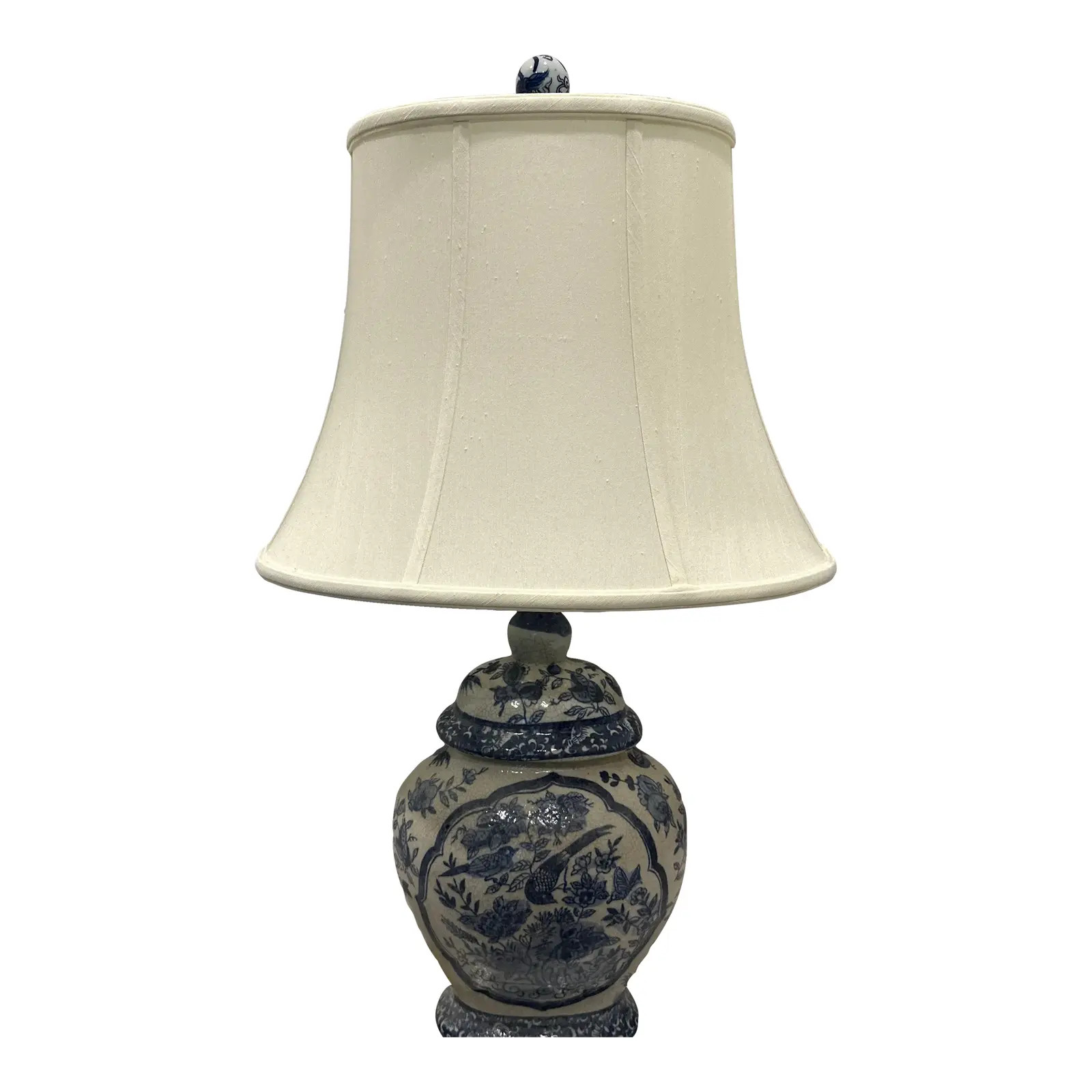 Frederick Cooper Wildwood Chinoiserie Blue and White Porcelain Bird Lamp Silk Shade | Chairish