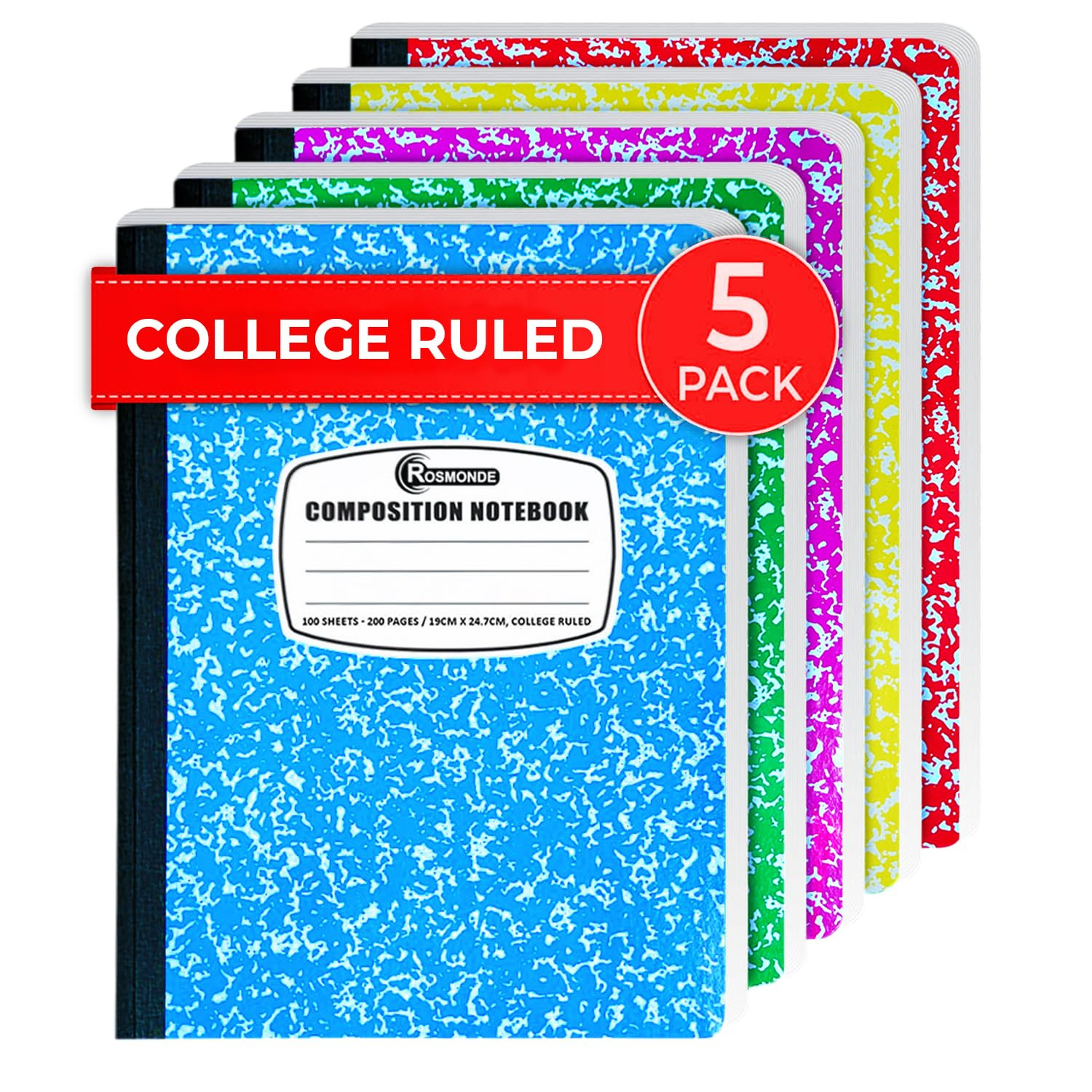 5 Pack Composition Notebooks College Ruled, 200 No Bleed Pages (100 Sheets) 9-3/4x7-1/2 Notebooks... | Amazon (US)