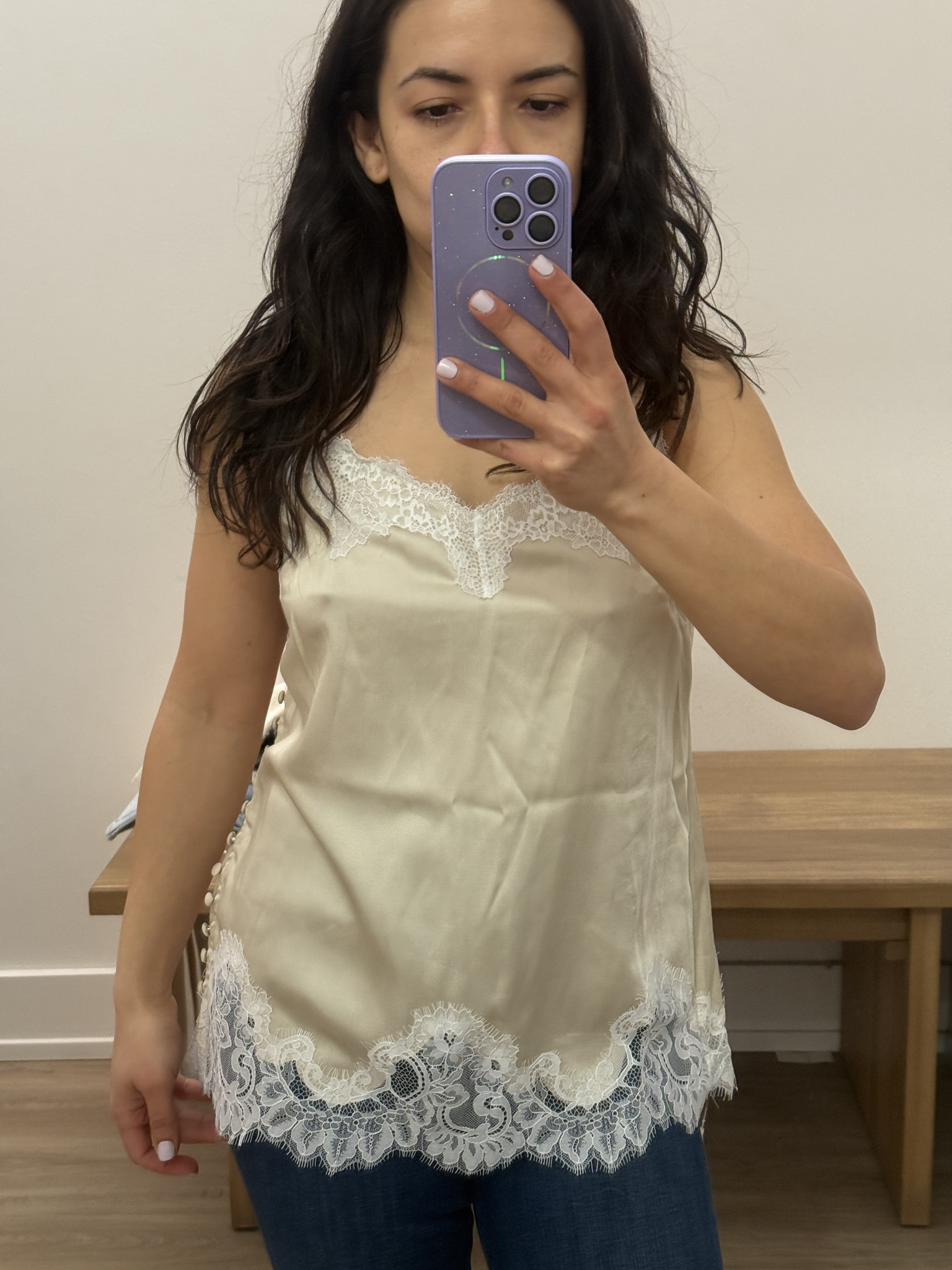 Satin sleeveless lace top from Abercrombie for summer. Adjustable straps. Petite friendly. Wearing size XS 

 #LTKootd #LTKPetite