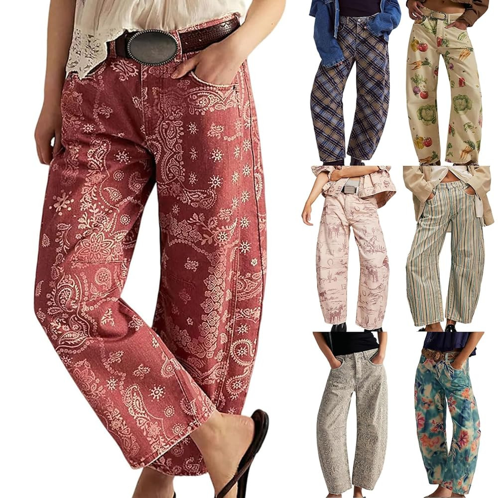 Women Boyfriend Baggy Barrel Jeans Y2K Floral Print Mid Rise Casual Loose Wide Leg Patchwork Barr... | Amazon (US)