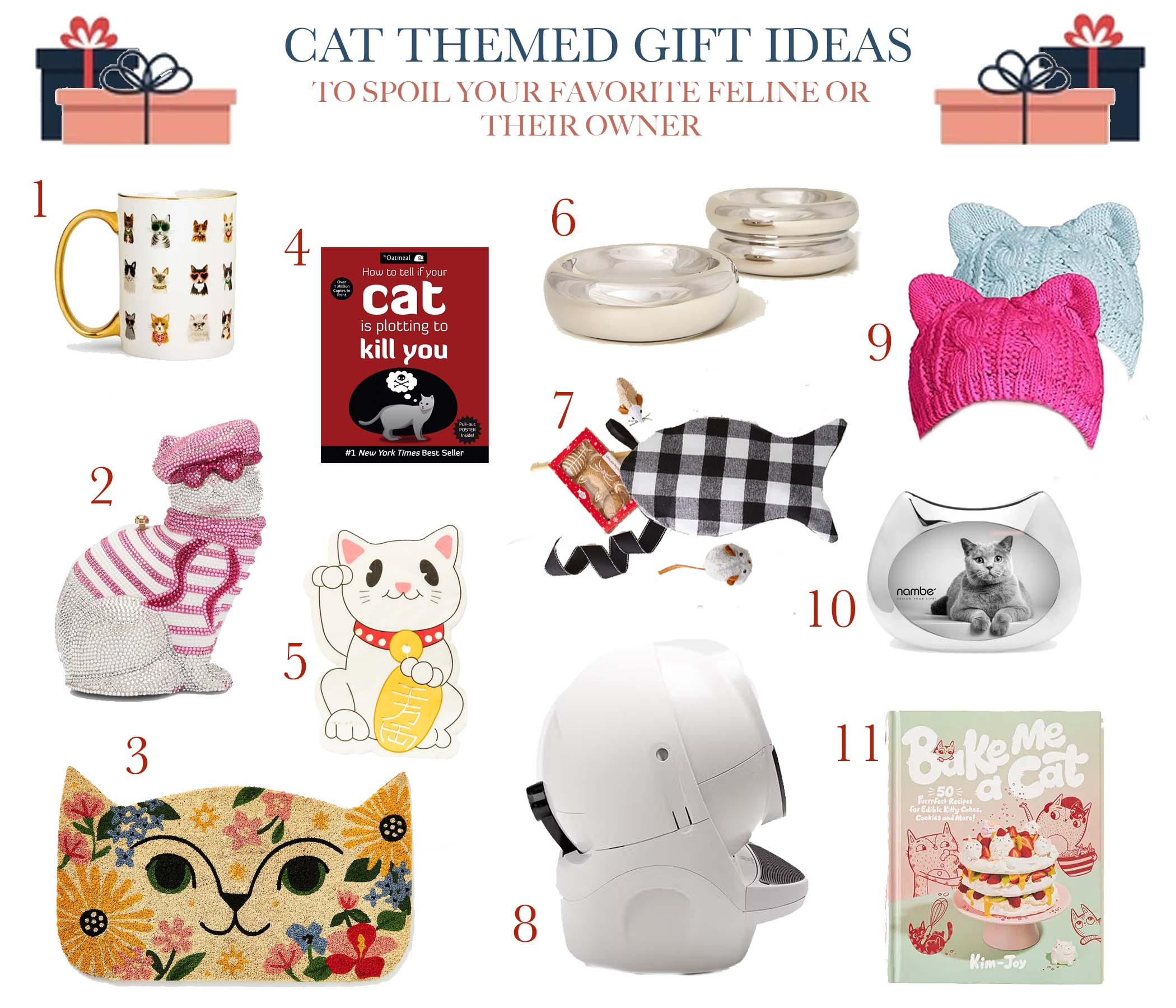 Cat themed gifts for your favorite feline or their favorite person!

1. Cat Porcelain Mug
2. Cat with Beret Crystal Clutch Bag
3. Door Mat
4. How to Tell If Your Cat is Plotting to Kill You
5. Cocktail Napkins
6. Bowl
7. Car  Gift Baskets
8. Litter-Robot 3 Connect
9. Knit Cat Hat
10. Pet Collection Cat Photo Frame
11. Bake Me A Cat - 50 Kitty Shaped Recipes

#giftsforher #giftsforhim #catgifts #petgifts #cattheme #feline #felinethemed #girlgifts #teengifts #giftsformom #giftsfordad #giftsforpets #cat #cats #pets 

 #LTKGiftGuide #LTKHoliday #LTKHome