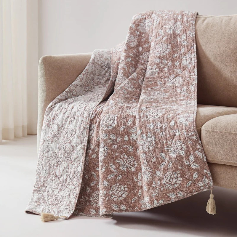 Zara Floral Block Reversible Cotton Throw Blanket | Plow & Hearth