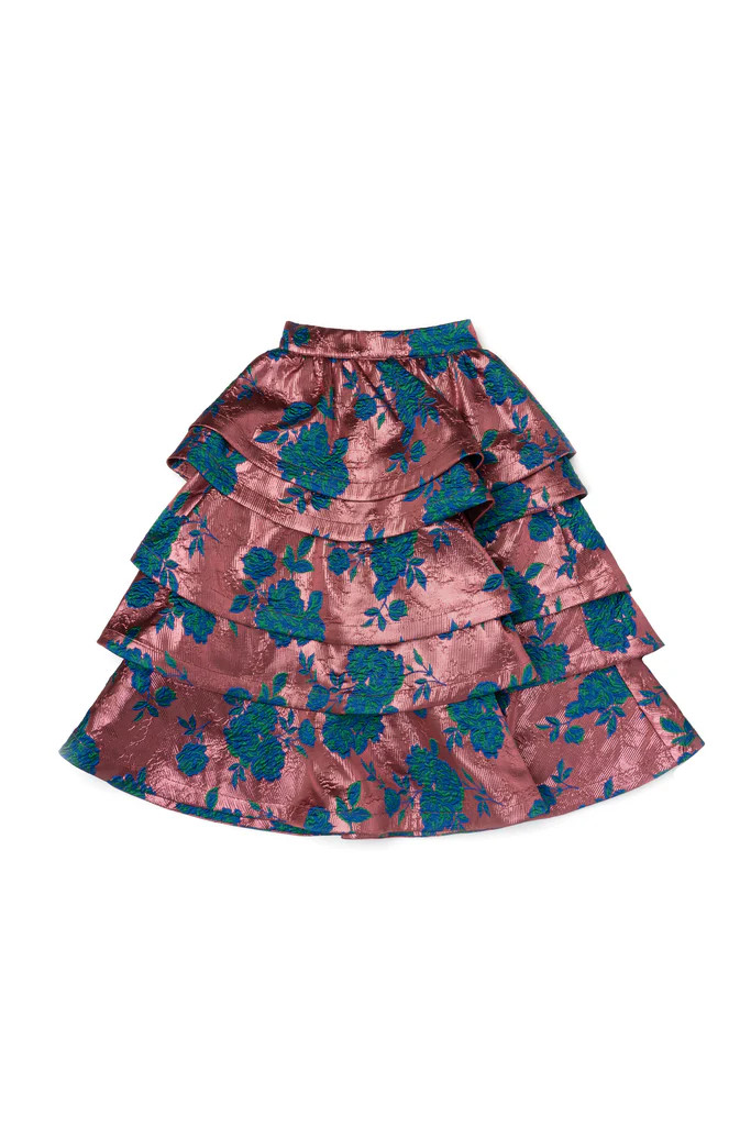 Teagan Tiered Skirt MIDI - Pink Brocade | Shop BURU